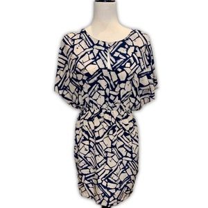 Akiko white and blue abstract printed silk dress with keyhole cutout